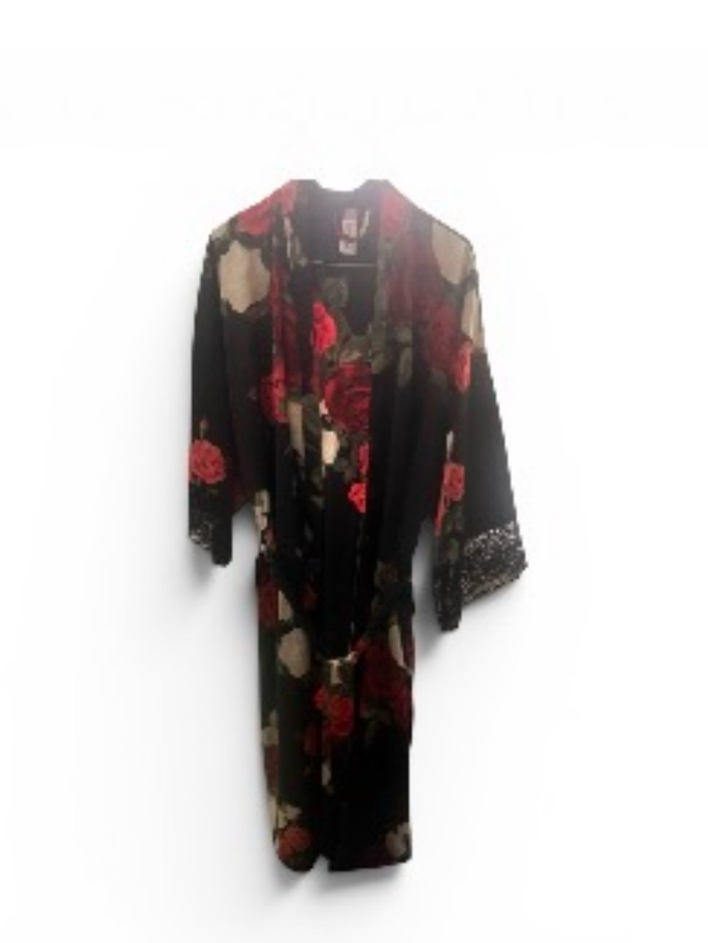 Black Floral Lace-Trim Kimono Robe with Red Rose Print